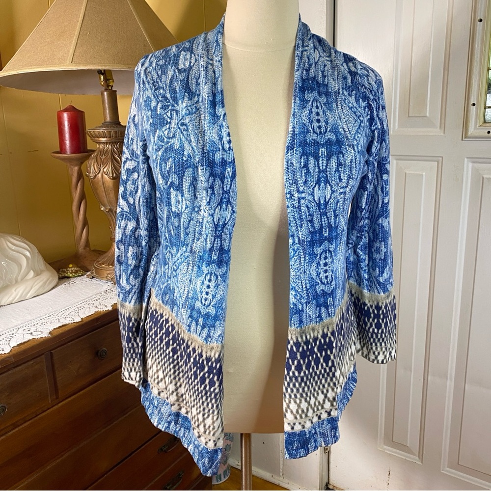 CHICO'S Mixed Paisley Maizy Cardigan Sweater Blue Ivory Open Front Size 3 XL